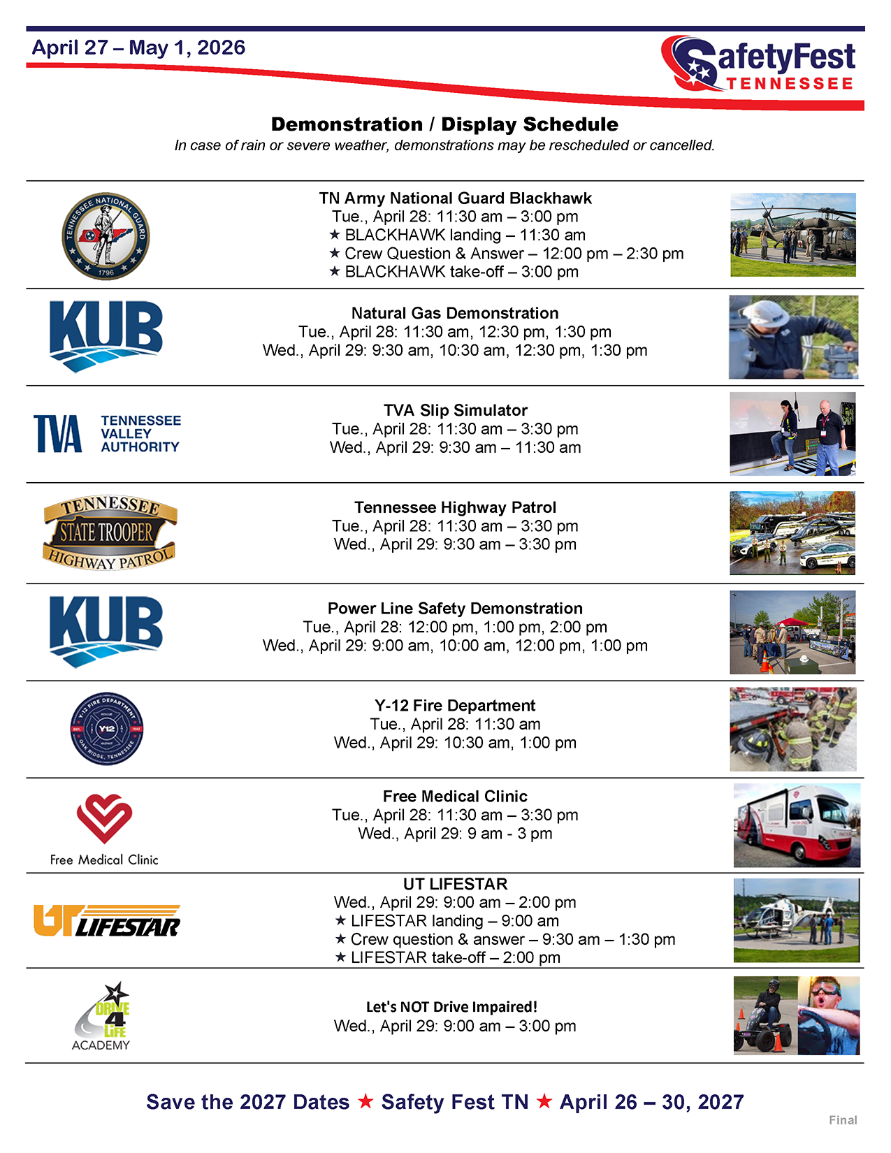 2026 Safety Fest TN Demonstration Schedule